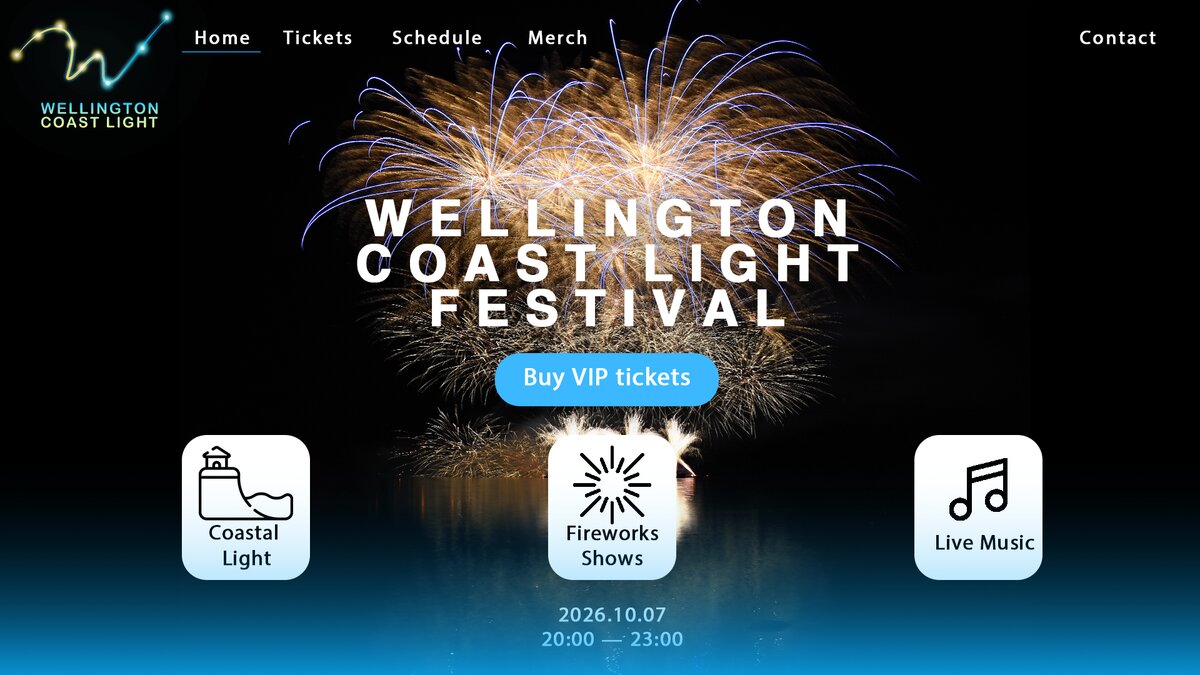 Homepage mockup for Wellington Coast Light Festival website