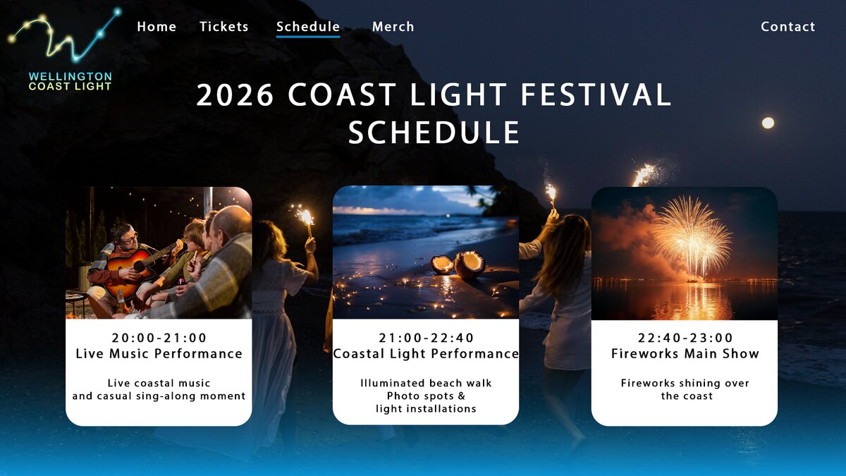 Schedule page mockup for Wellington Coast Light Festival website